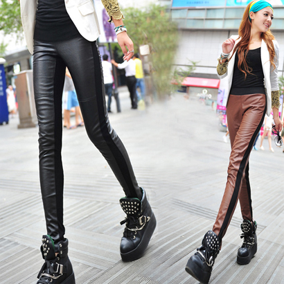 Women's spring legging high quality PU patchwork leather pants tight skinny pants free shipping