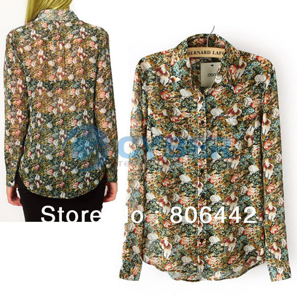 Women's Spring Summer Europe Style Floral Print Turndown Collar Chiffon Blouse Shirt, Suit for OL Free Shipping 11116