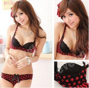 Women's Stars Stripe Bra Sets with Lace Face type Gathered Brassiere Panty