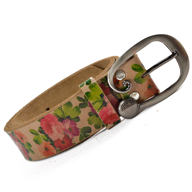 Women's strap print rose flower genuine leather wide belt fashion vintage personality