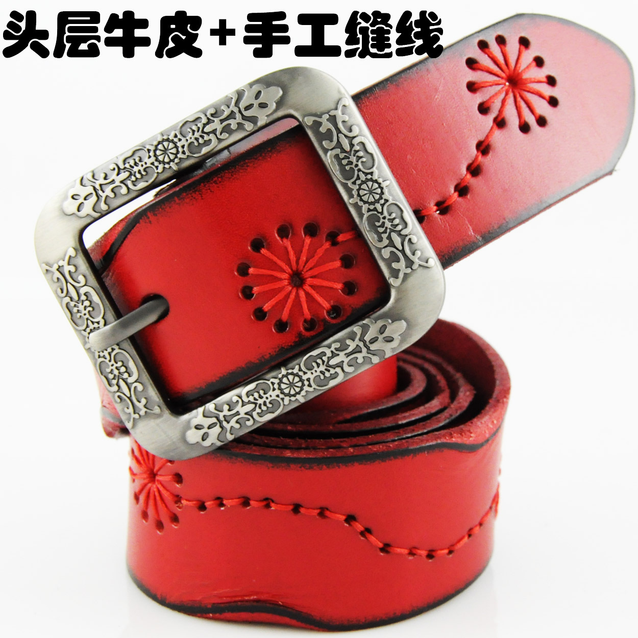 Women's strap women fashion genuine leather belt woven thread pin buckle cowhide genuine leather