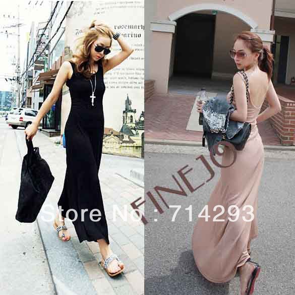 Women's Stretch Cotton Maxi Slim Sexy Backless Long Dress 2 Colors free shipping 3725