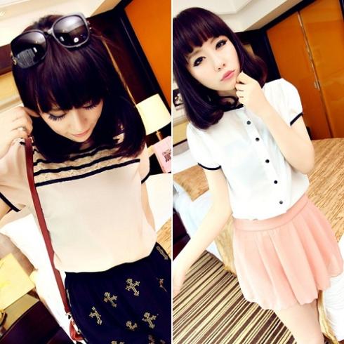 Women's Striped Splicing Lace Short Sleeve Round Neck T-shirt Tops Blouses A277 [24711|99|01]