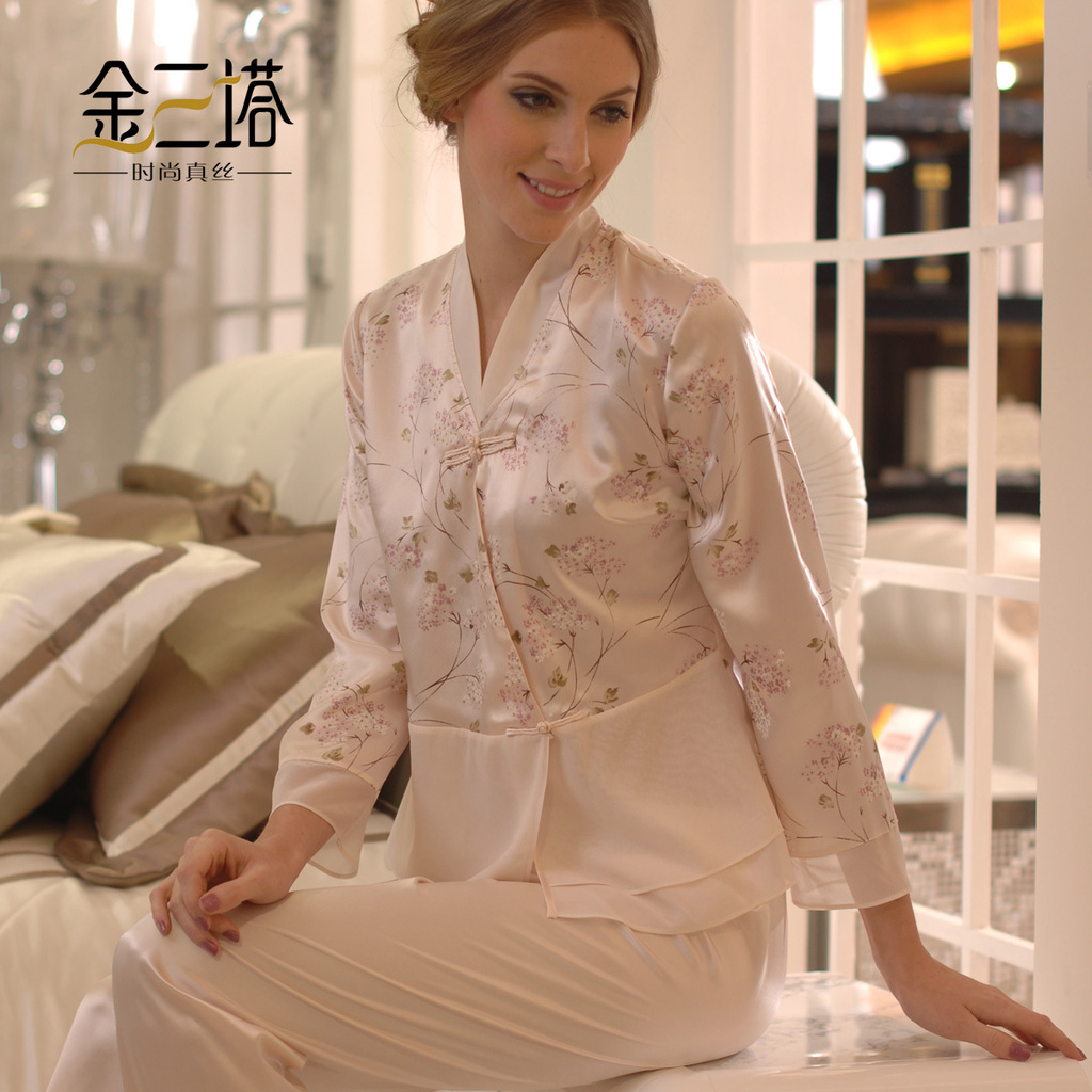 Women's summer mulberry silk sleep set long-sleeve silk twinset