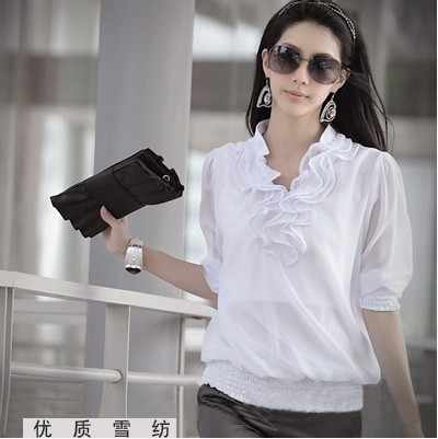 Women's summer new arrival gentlewomen smallerone ruffled collar push-up half sleeve chiffon shirt  #J272