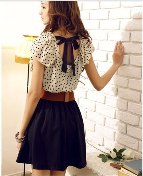 Women's Summer New Fashion Chiffon Short-sleeve Dots Dress Polka Waist Mini Dress Evening (with belt) free shipping sku8018##