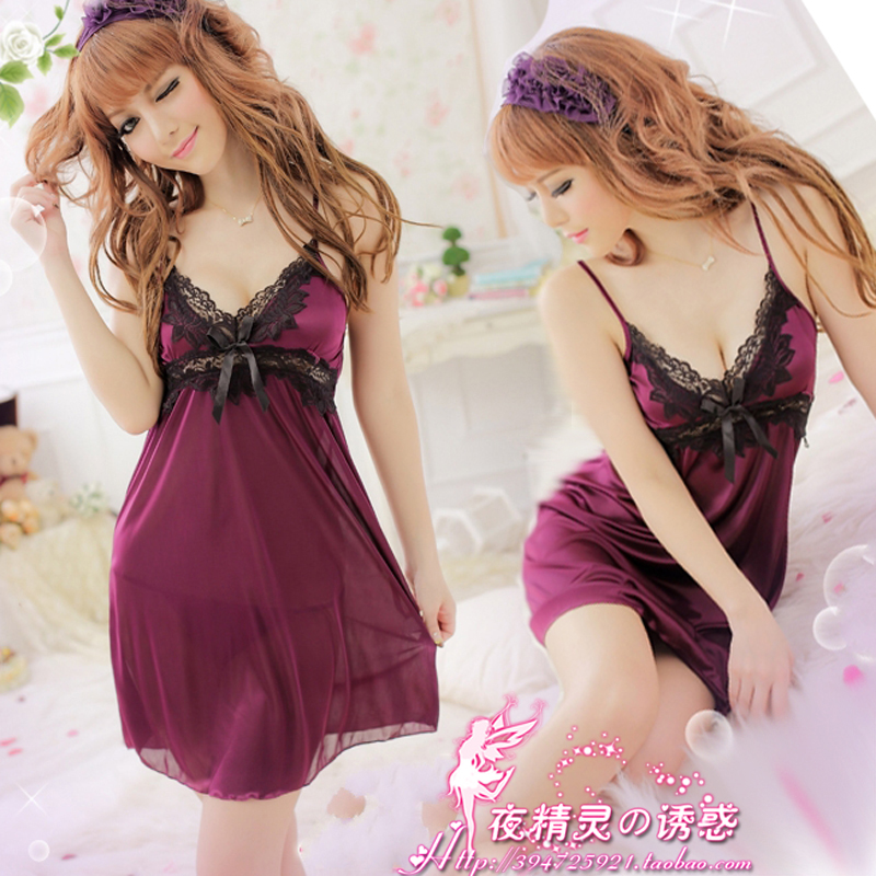 Women's summer purple sexy sleepwear faux silk temptation princess lace transparent cute spaghetti strap nightgown