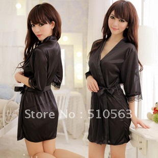 Women's summer sexy sleepwear faux silk translucent robe bathrobes nightgown lace black set temptation