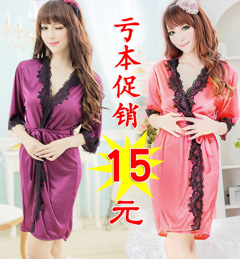 Women's summer sexy sleepwear faux silk viscose translucent bathrobes nightgown lace set temptation