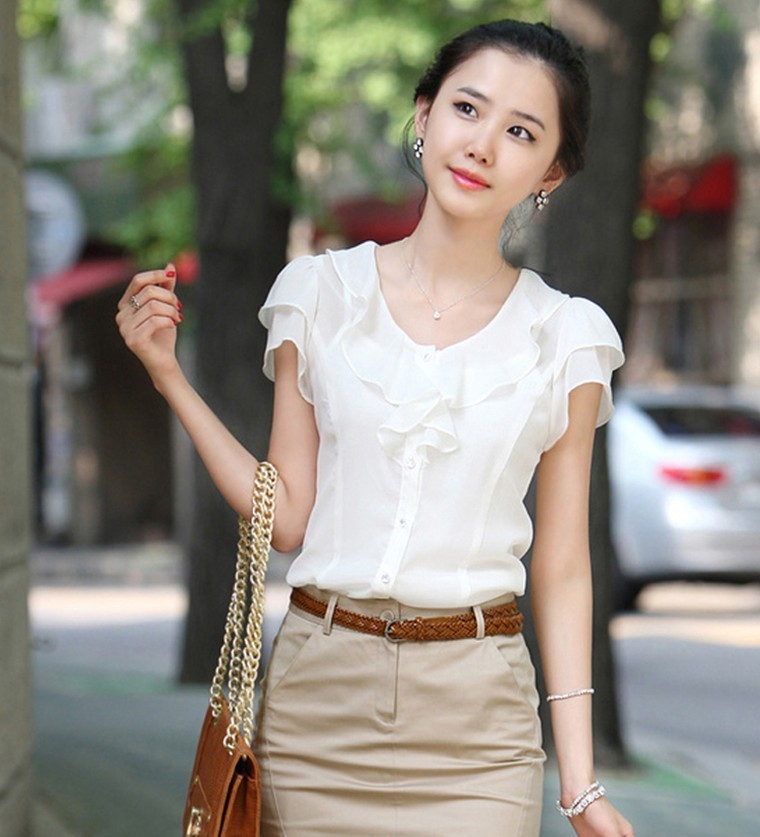 Women's summer work wear ol chiffon shirt female chiffon shirt short-sleeve puff sleeve dress set