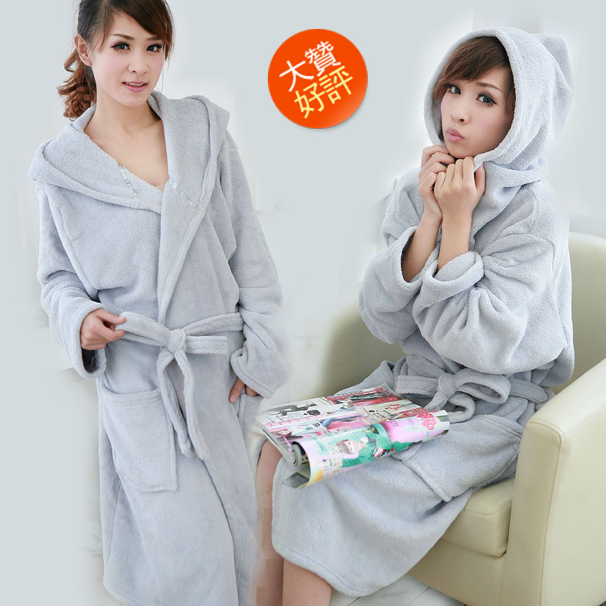 Women's super soft autumn and winter coral fleece bathrobe robe lounge plus size with a hood grey