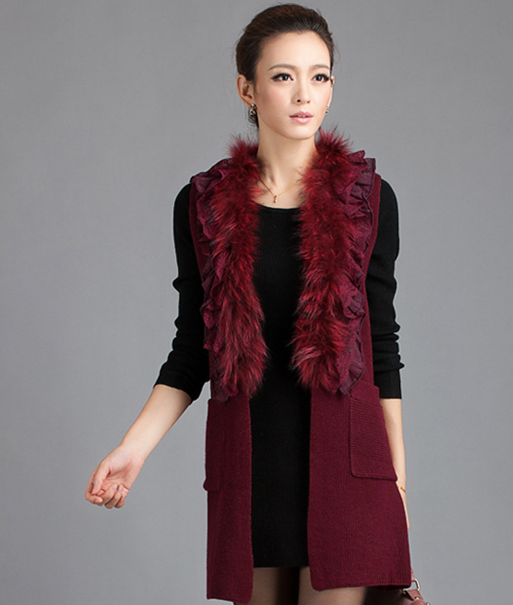 Women's sweater knitted waistcoat lace decoration fur collar medium-long sweater sleeveless vest autumn and winter outerwear