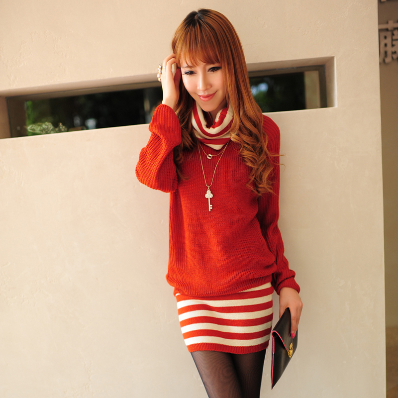 Women's sweater stripe knitted short skirt muffler scarf triangle set