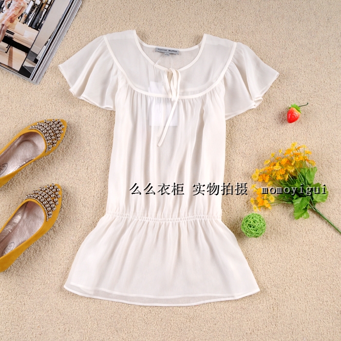 Women's sweet lacing small butterfly sleeve elastic slim waist chiffon shirt chiffon top 2 (WC001)