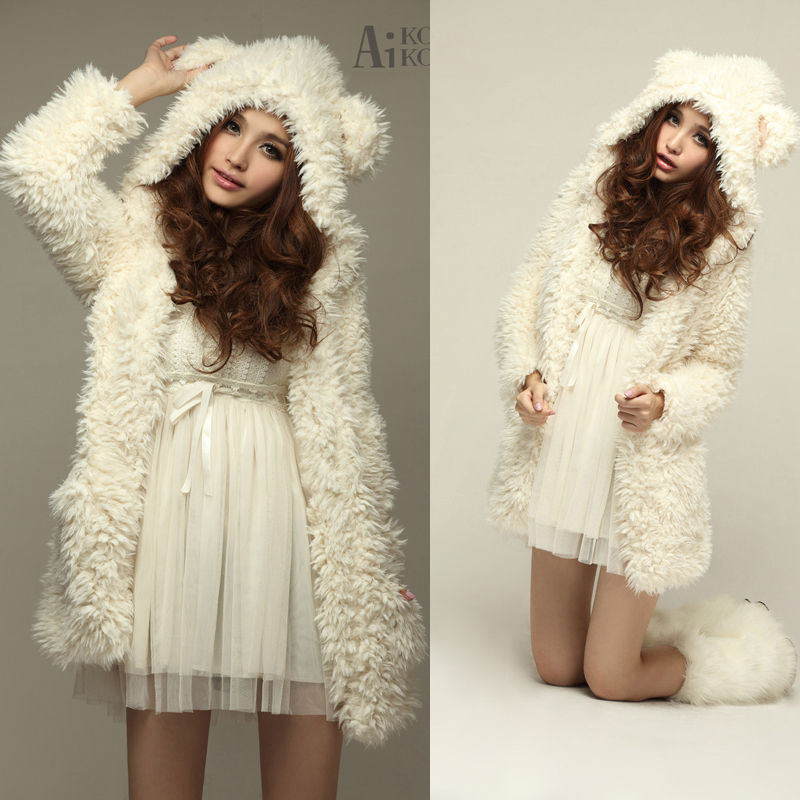 Women's sweet plush fleece overcoat medium-long cardigan bear ears thickening thermal outerwear