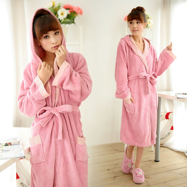 Women's sweet super soft autumn and winter coral fleece bathrobe robe lounge plus size with a hood pink