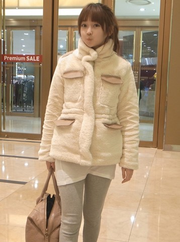 Women's sweet wool fur coat leather pocket stand collar faux outerwear female