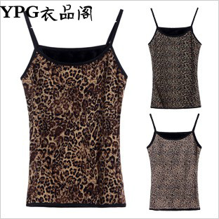 Women's thermal vest low collar tight fashion underwear o-neck leopard print spaghetti strap plus velvet thickening