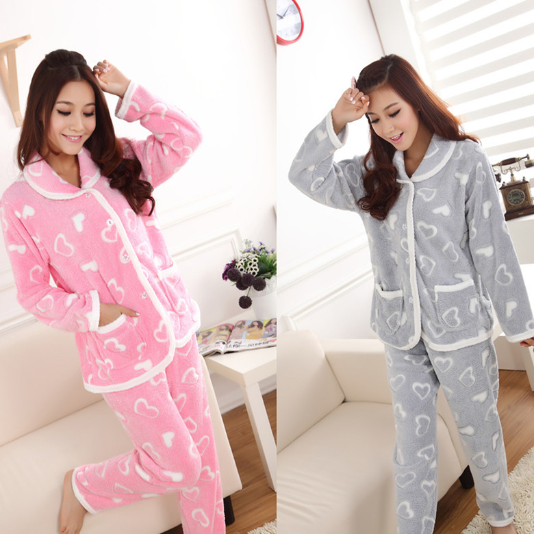 Women's thick coral fleece sleepwear autumn and winter pullover clothes cotton lounge sets