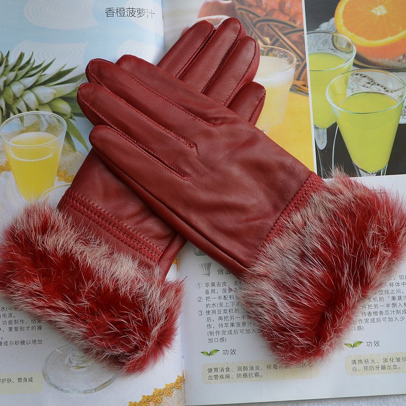 Women's thickening genuine leather gloves sheepskin rabbit fur gloves autumn and winter thermal sheepskin gloves