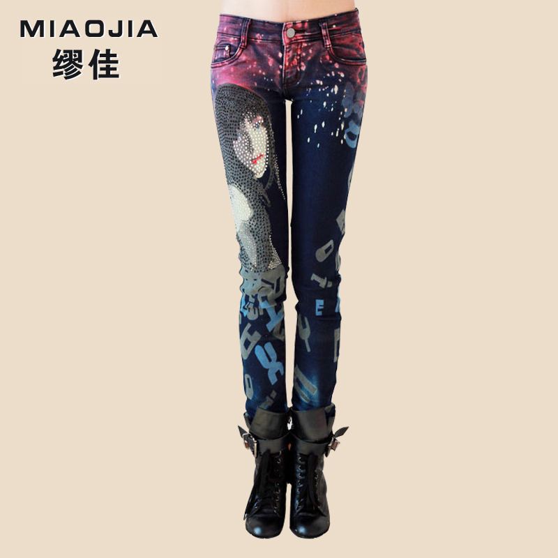 Women's thickening plus velvet jeans female skinny pants personalized print multicolour plus velvet