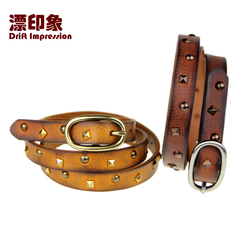 Women's thin belt genuine leather first layer of cowhide strap Women all-match fashion rivet tieclasps