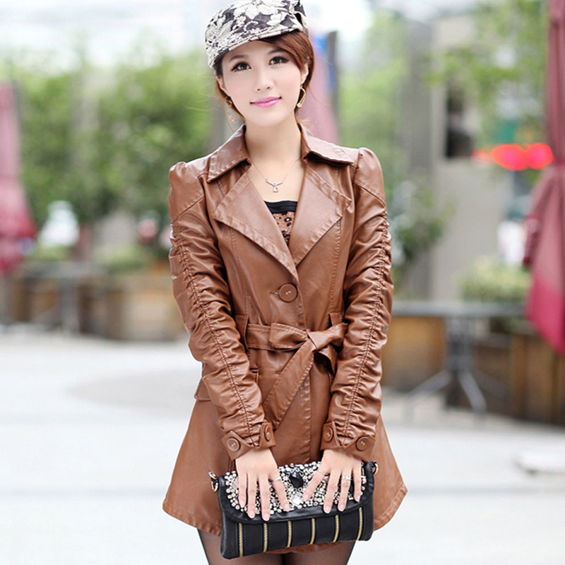 Women's trench medium-long female plus size PU clothing outerwear mm slim spring and autumn