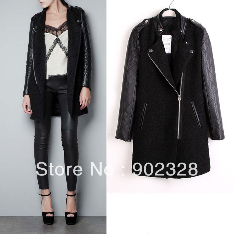 Women's Trench Overcoat,PU Leather patchwork,zip, Mandarin Collar Coat,Free Shipping