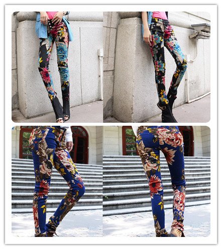 Women's Trousers Retro Printing Jeans European Floral Feet Trousers High Waist Skinny Jeans Women Slim Pencil Pants Quality