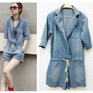 Women's turn-down collar drawstring pocket denim jumpsuit half sleeve one piece denim shorts jumpsuit