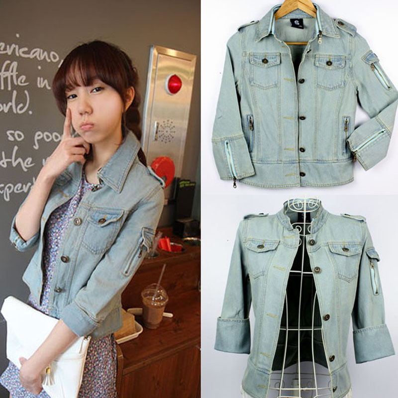 Women's turn-down collar stand collar two ways denim outerwear female plus size denim top long-sleeve Free shipping