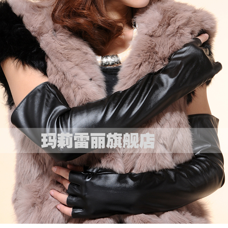 Women's ultra long paragraph lucy refers to gulps half PU fashion long leather gloves