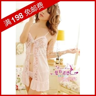 Women's underwear pink suspender skirt set temptation transparent lingerie sexy nightgown