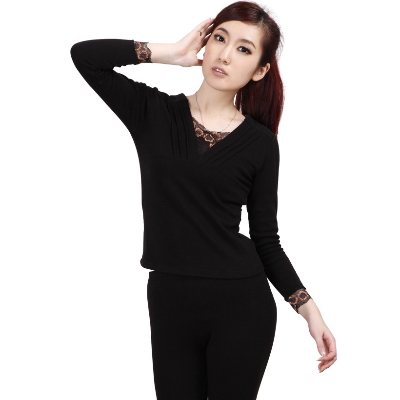 Women's underwear thick thermal underwear set sexy V-neck lace decoration cotton sweater wool long johns