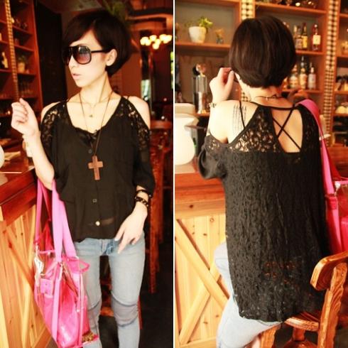 Women's V-neck Backless Splicing Back Full Lace Shirt Tops Blouses CA1205 [24498|01|01]