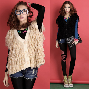 Women's V-neck flock printing tassel sweater vest female plus size loose cardigan vest sweater