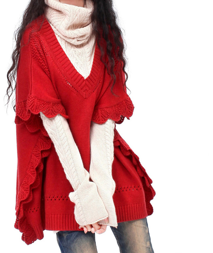 Women's V-neck pullover cashmere sweater thick sweater outerwear batwing loose red wool shirt