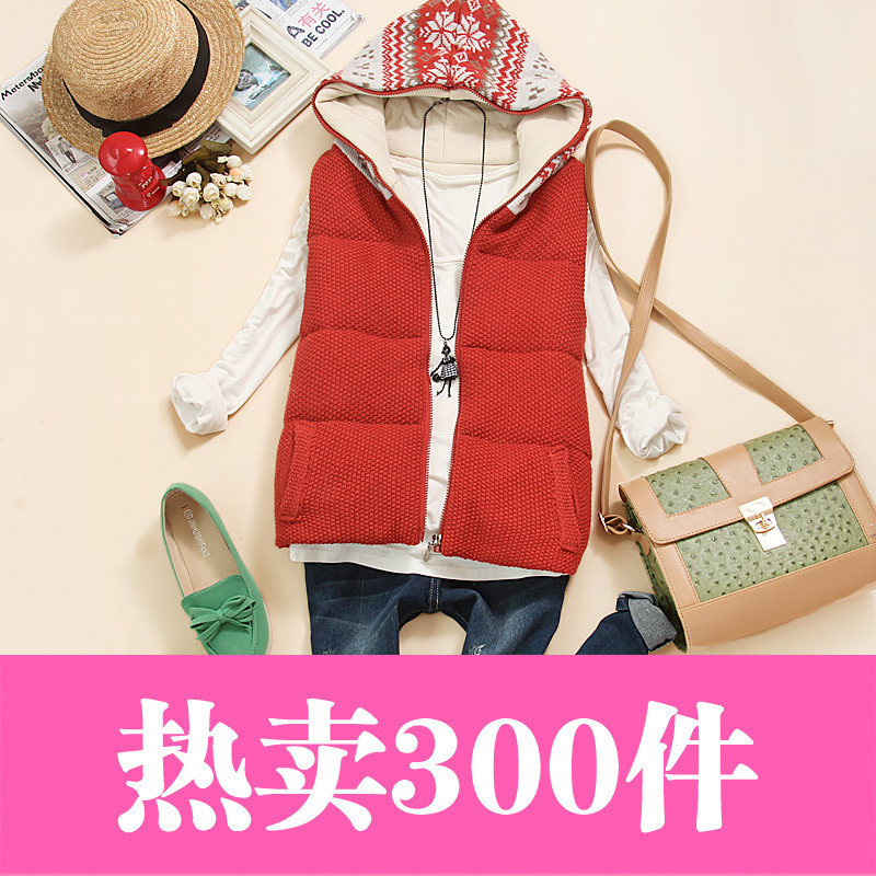 Women's vest outerwear print double pocket vest autumn with a hood casual