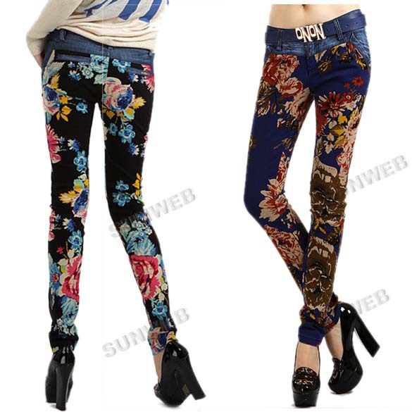 Women's Vintage Floral Print Skinny Jeans Watercolored Denim Pencil Pants Legging Trousers Black, Blue free shipping 9611