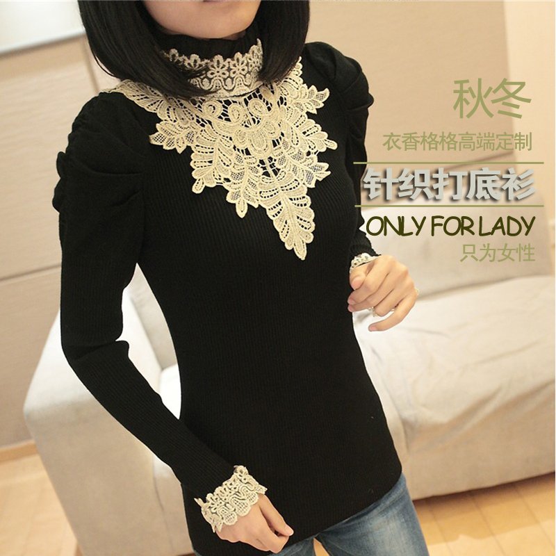 Women's vintage lace turtleneck slim basic shirt long-sleeve knitted basic sweater female Free Shipping