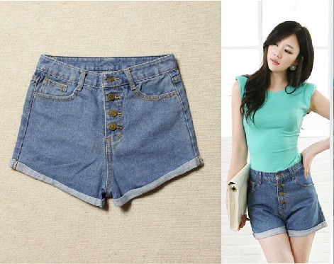 Women's vintage roll-up hem shorts high waist jeans 4 breasted shorts loose denim shorts