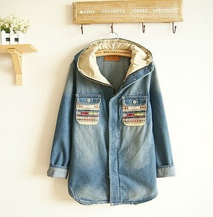 women's water wash retro embroidery finishing national trend with a hood casual denim outerwear trench