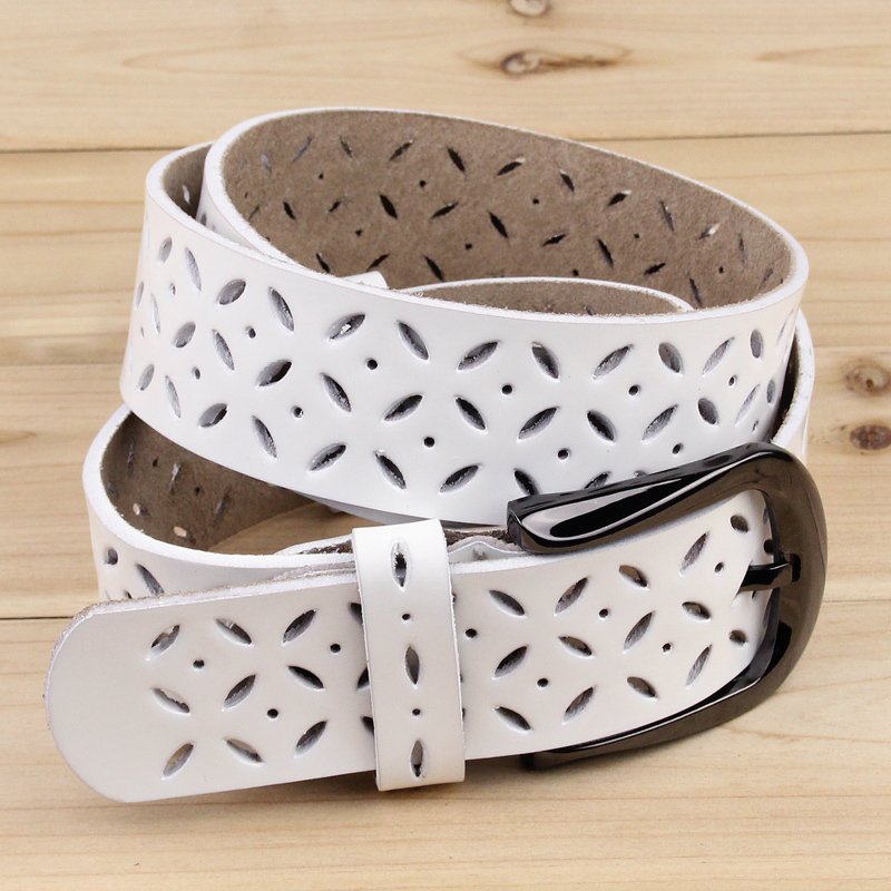 Women's white strap belt cowhide cutout women's genuine leather jeans belt