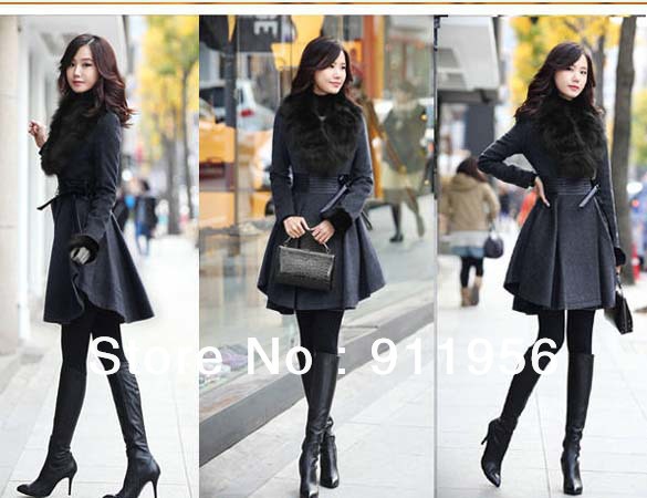 Women's Winter Elegant Slim Fit Long Fashion Coat Jacket Woolen Faux Fox Wool Collar Outwear free shipping#19