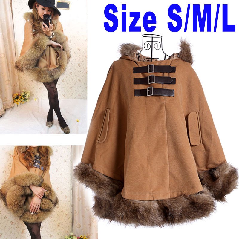 Women's Winter Warm Cloak Faux Fur Trench Coat Hoodie Batwing Cape Shawl Parka Jacket Camel Free Shipping  Dropshipping