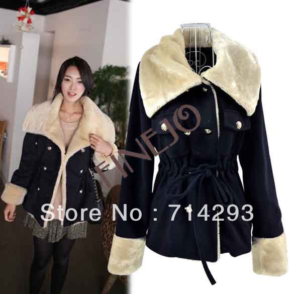 Women's Winter Warm Waist Lace Up Double-breasted Jacket Thick Faux Fur Coat  Free shipping 9056