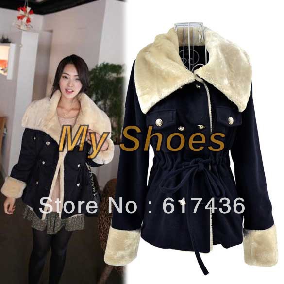 Women's Winter Warm Waist Lace Up Double-breasted Thick Faux Fur Coat Jacket M,L free shipping 9056