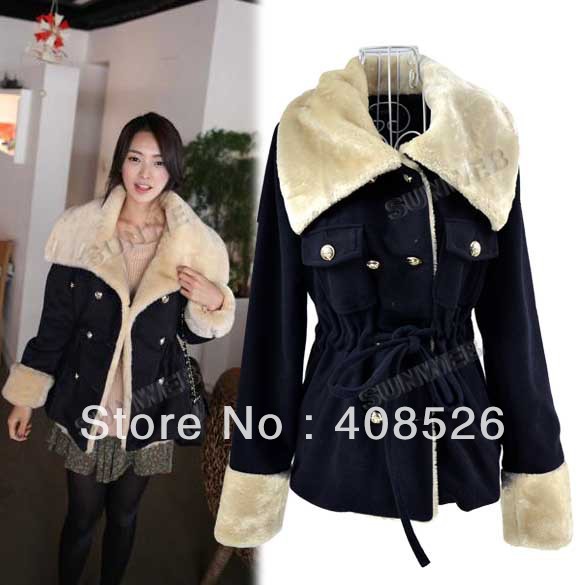 Women's Winter Warm Waist Lace Up Double-breasted Thick Faux Fur Coat Jacket M,L free shipping 9056