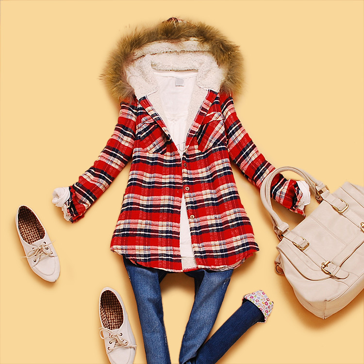 Women's with a fur collar hood berber fleece long-sleeve plaid shirt casual shirt m2-3