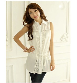 Women's xb6 fashion bandage patchwork fence sleeveless turn-down collar shirt slim